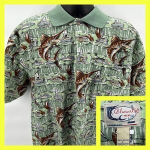 VTG‎ Bluewater Wear Polo Shirt  L Marlin Tuna Fishing All Over Print Made in USA